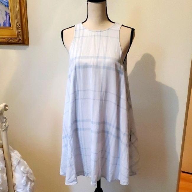 Rails Flowy White And Blue Plaid Mini A Line Dress With Side Pockets